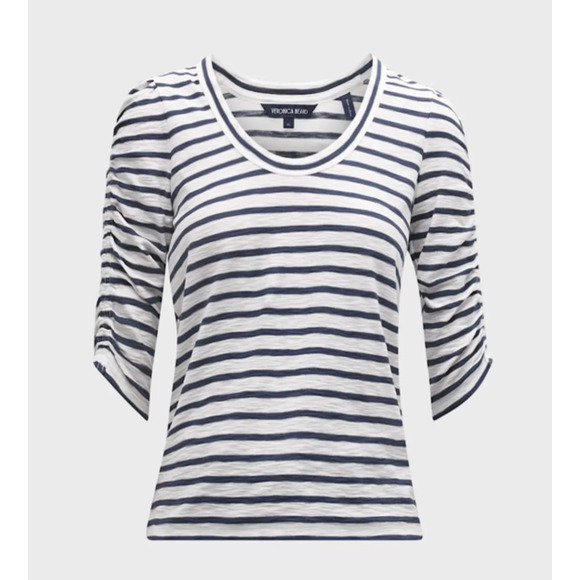 VERONICA BEARD TOP WOMENS SIZE SMALL NETTO TEE SHIRT PUFF SLEEVE NAVY WHITE - Picture 4 of 15